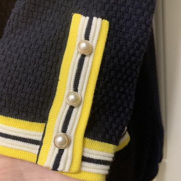 Talbots Navy Blue Cardigan Yellow Trim Pearl Button Front Sweater SZ M - Picture 4 of 7